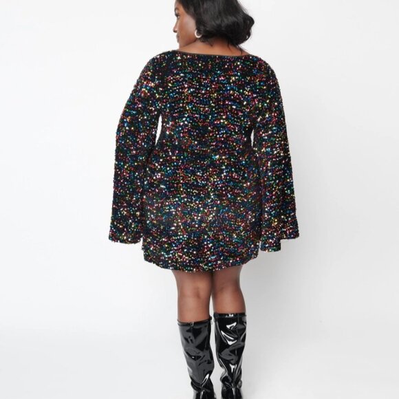 Unique Vintage Smak Parlour Black & Rainbow Sequin Mini Dress, 2x/18 - Picture 2 of 5